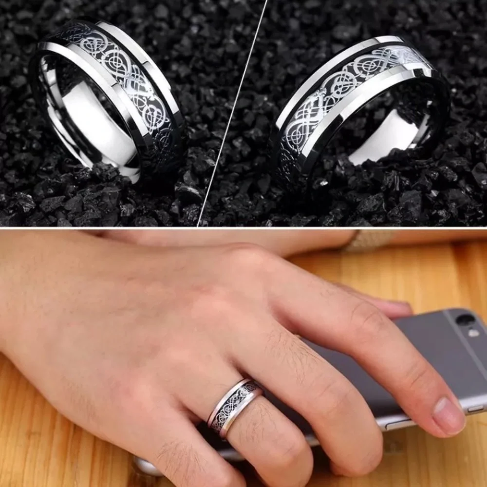 Silver Tungsten Black Dragon Carbon Fiber Inlay 8mm Wide Beveled Edge Band Ring